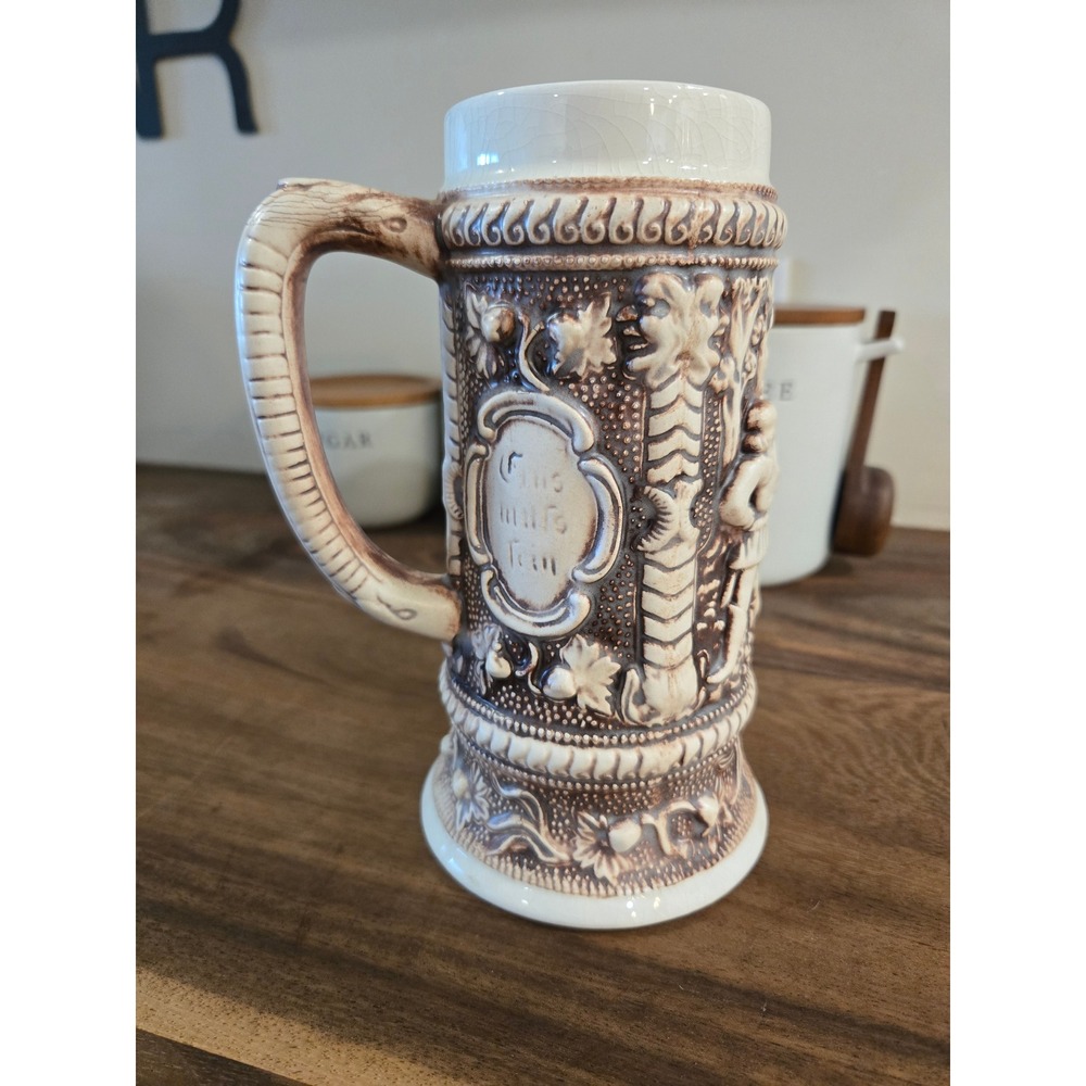 Vintage Arnel's Ceramic Beer Stein Poland Relief Archer Scene Brown Cream Mug